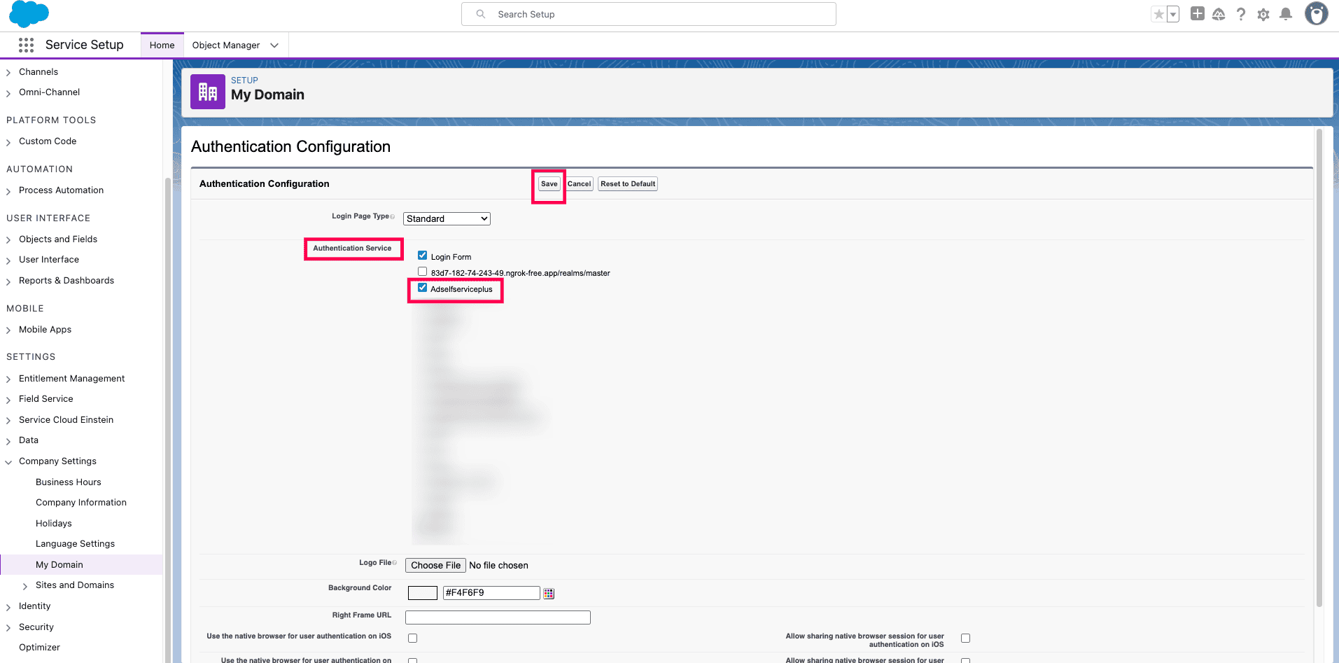 Détails de configuration du service d’authentification dans ADSelfService Plus pour Salesforce SSO