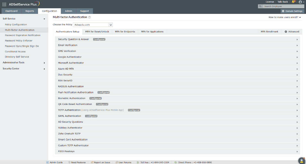 Authenticators dans ADSelfService Plus.