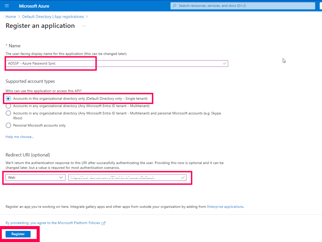 Enregistrement d’une nouvelle application Azure pour la synchronisation de mot de passe OAuth dans ADSelfService Plus
