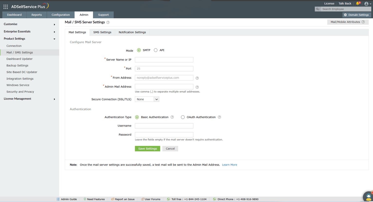 Paramètres du serveur de messagerie avec authentification de base dans ADSelfService Plus