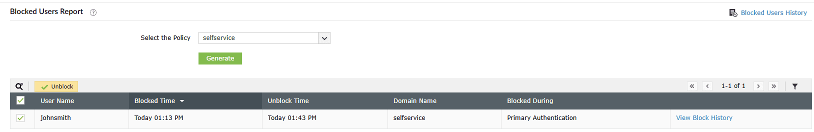 Débloquer des utilisateurs dans le Rapport des utilisateurs bloqués d’ADSelfService Plus.