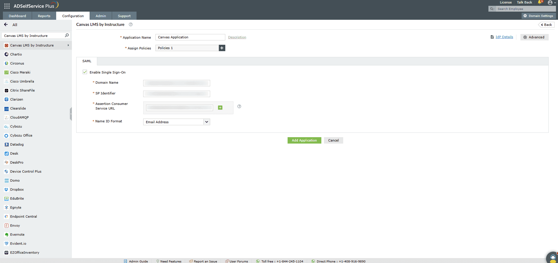 Vue d’ensemble des paramètres SSO d’ADSelfService Plus lors de la configuration du SSO SAML pour Canvas