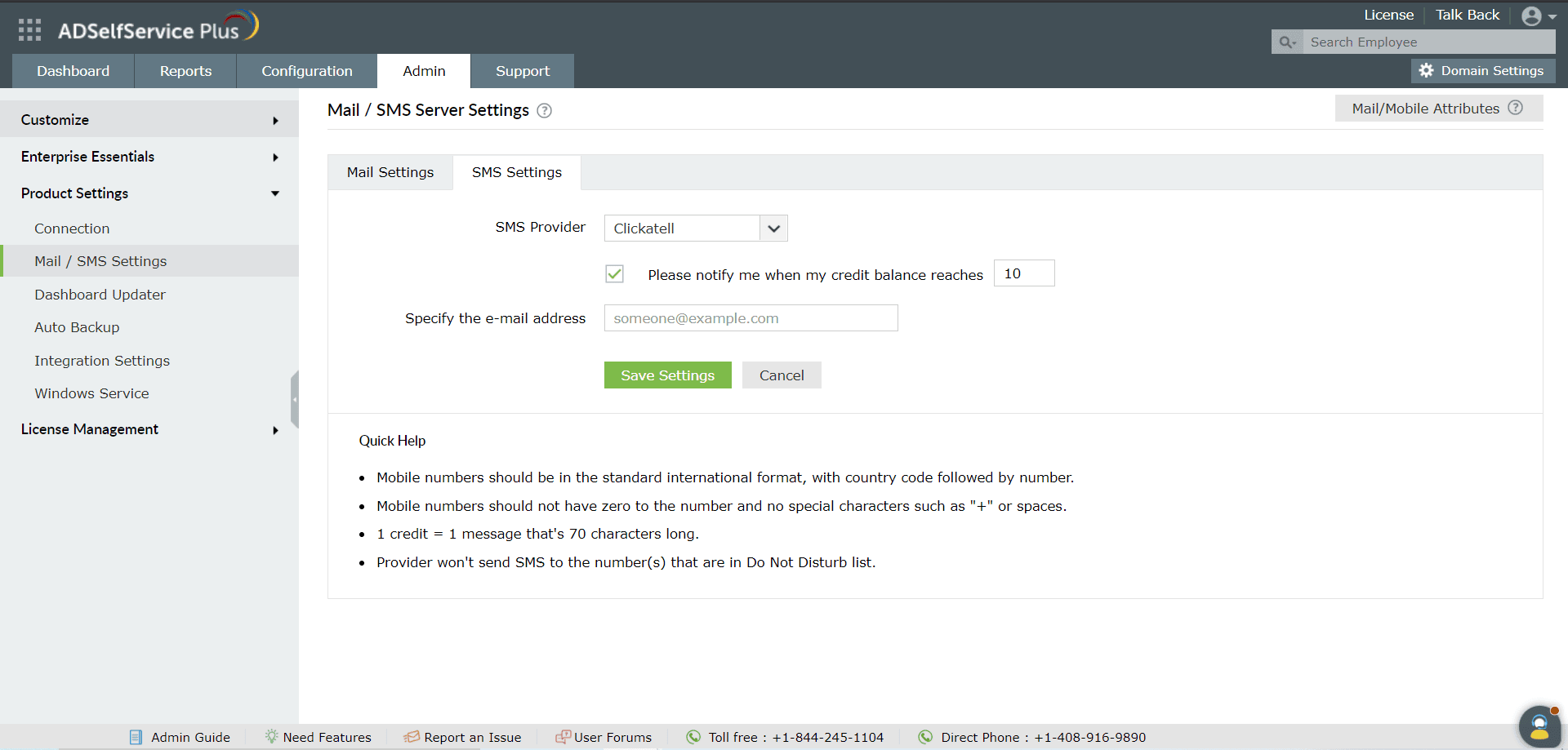 Paramètres du serveur SMS Clickatell dans ADSelfService Plus