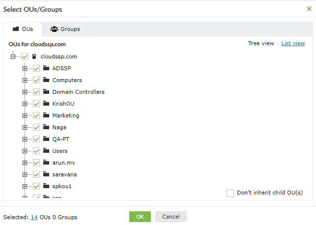 Configuration d'OU spécifiques pour les politiques dans ADSelfService Plus.