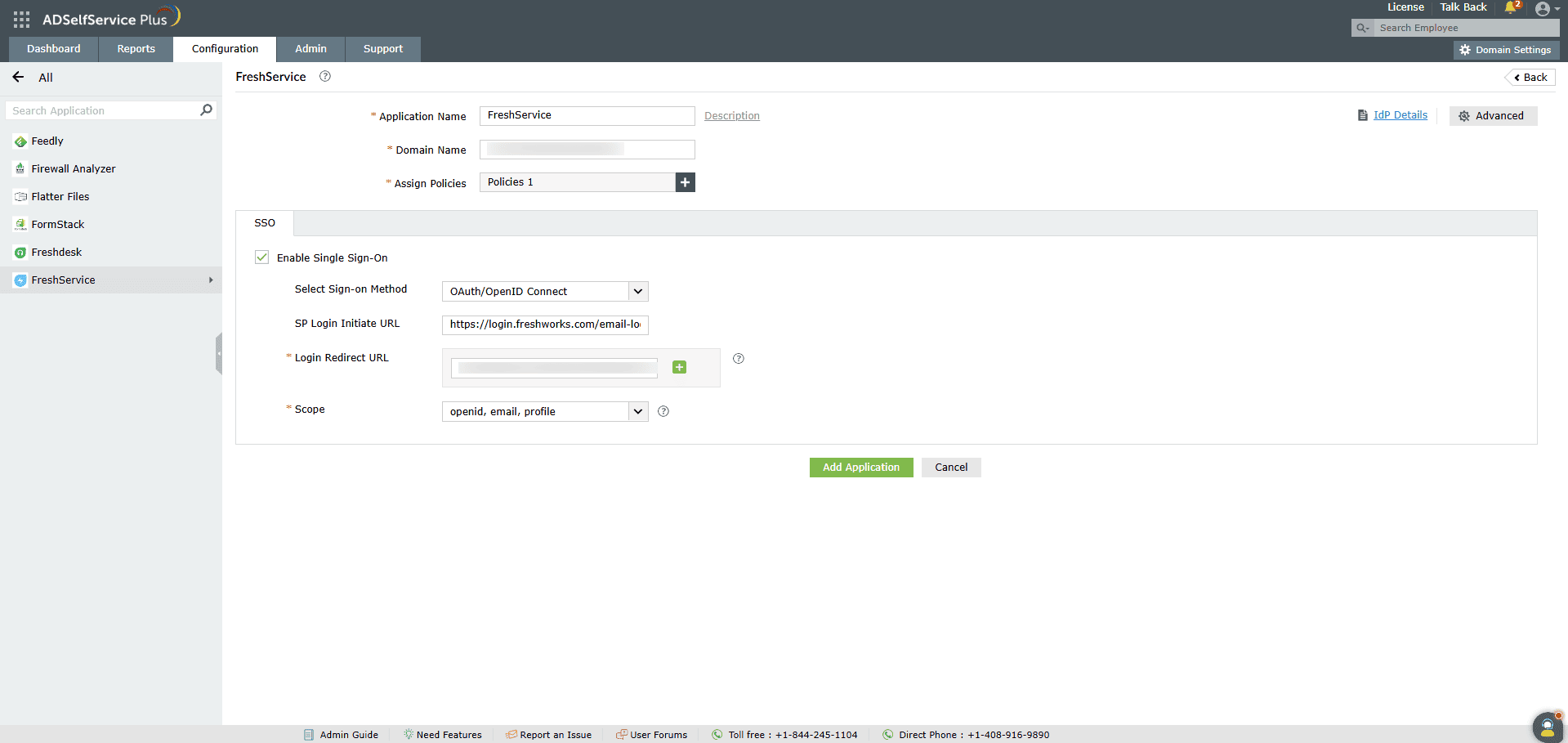 Configuration des informations SSO pour Freshdesk dans ADSelfService Plus