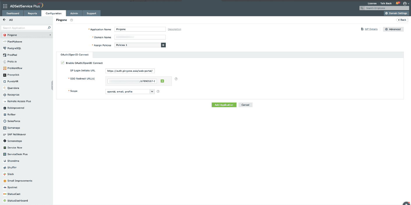 Configuration des informations SSO pour PingOne dans ADSelfService Plus