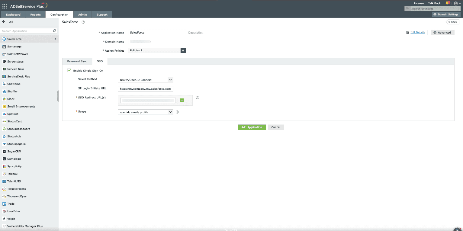 Configuration des informations SSO pour Salesforce dans ADSelfService Plus