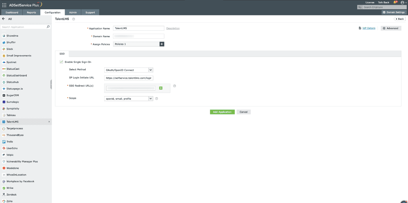 Configuration des informations SSO pour TalentLMS dans ADSelfService Plus
