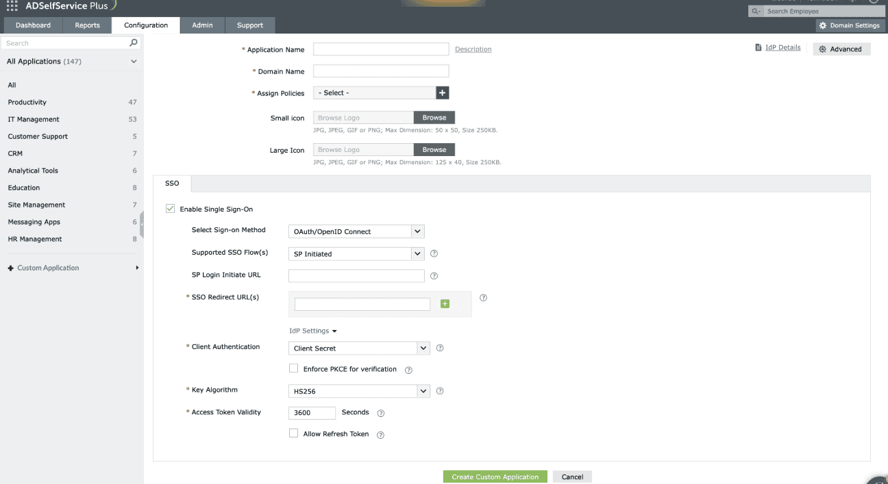 Sélection du flux SP-Initiated dans le menu déroulant Supported SSO Flow.