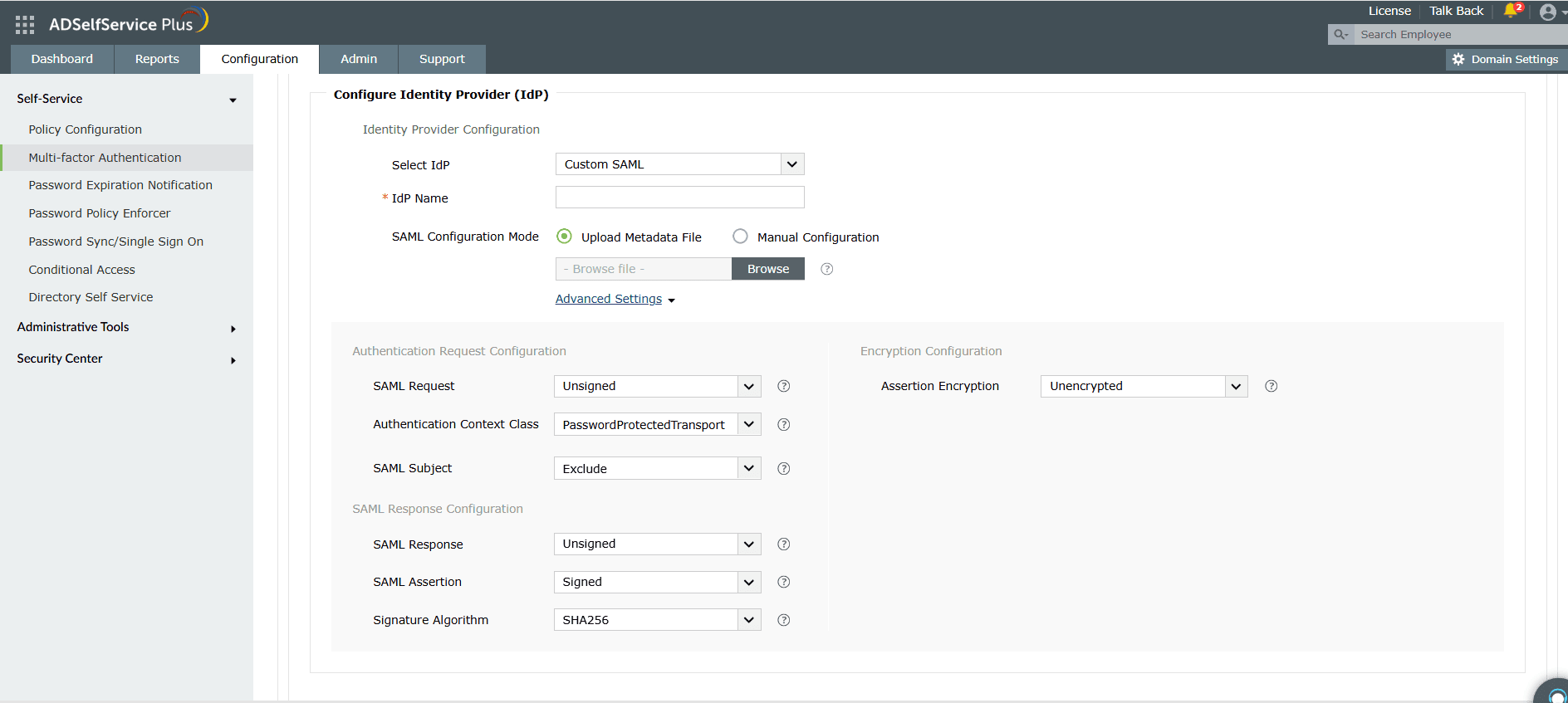 Configuration des paramètres avancés pour un authentificateur SAML personnalisé dans ADSelfService Plus