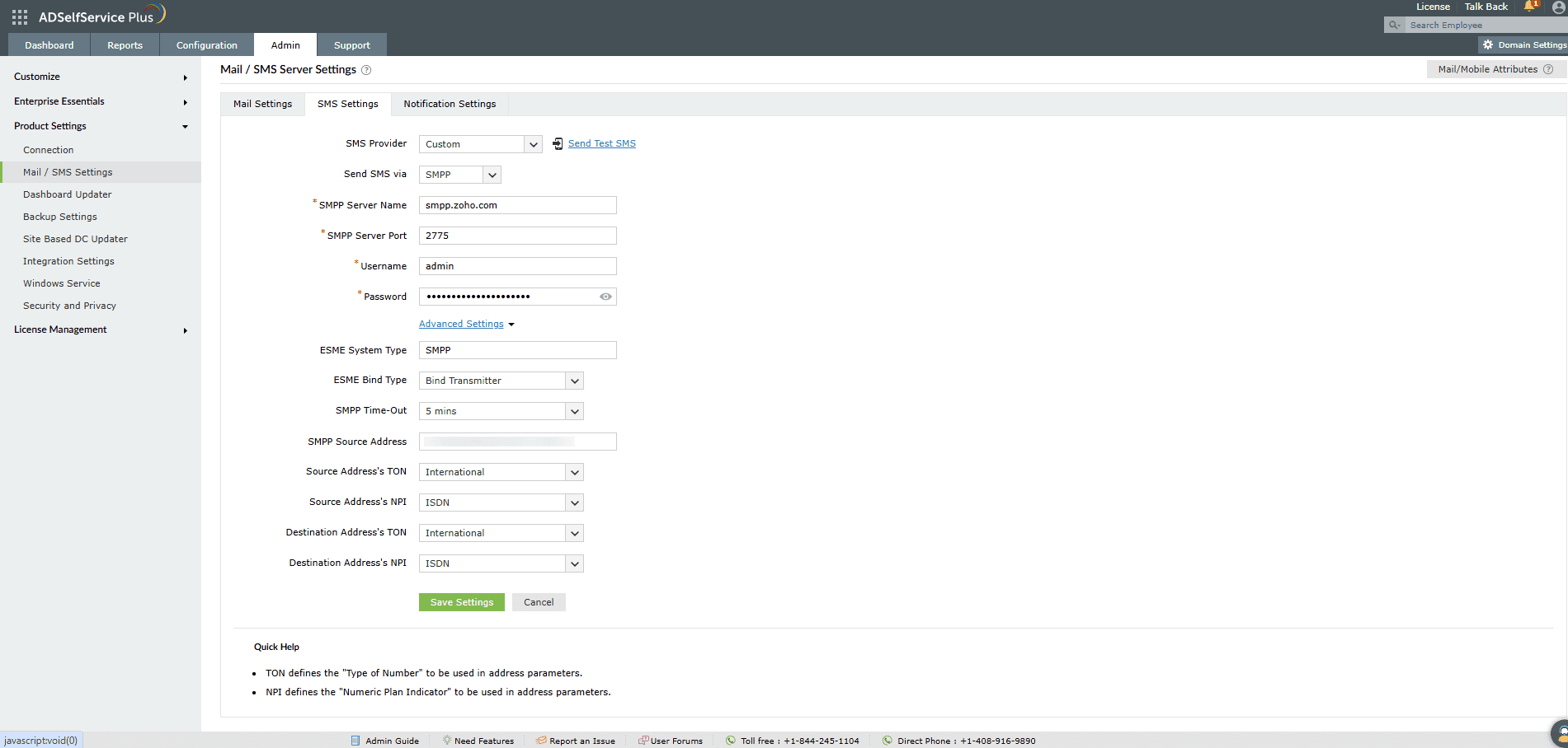 Paramètres personnalisés du serveur SMS SMPP dans ADSelfService Plus.