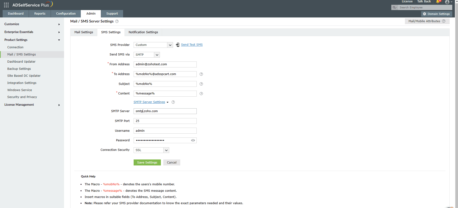 Paramètres personnalisés du serveur SMS SMTP dans ADSelfService Plus.