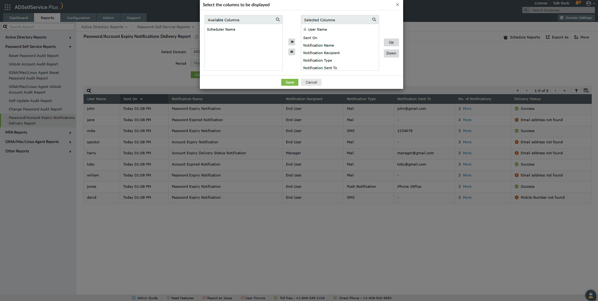 Personnalisation du rapport de livraison des notifications d'expiration de mot de passe/compte dans ADSelfService Plus