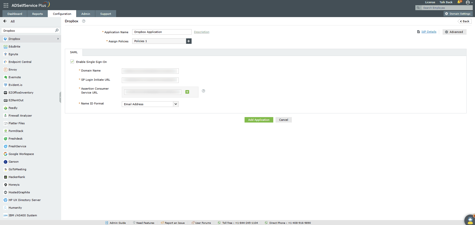 Aperçu des paramètres SSO d’ADSelfService Plus lors de la configuration de SAML SSO pour Dropbox