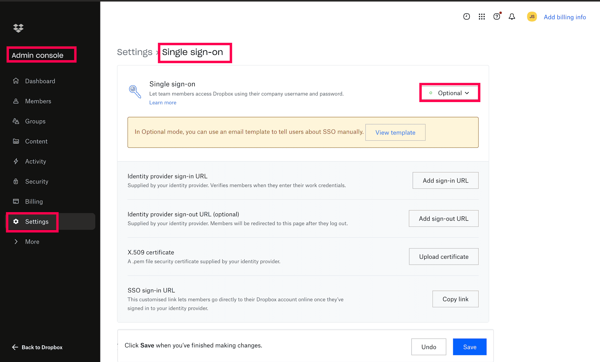 Centre d’administration Dropbox pour configurer SAML SSO via ADSelfService Plus