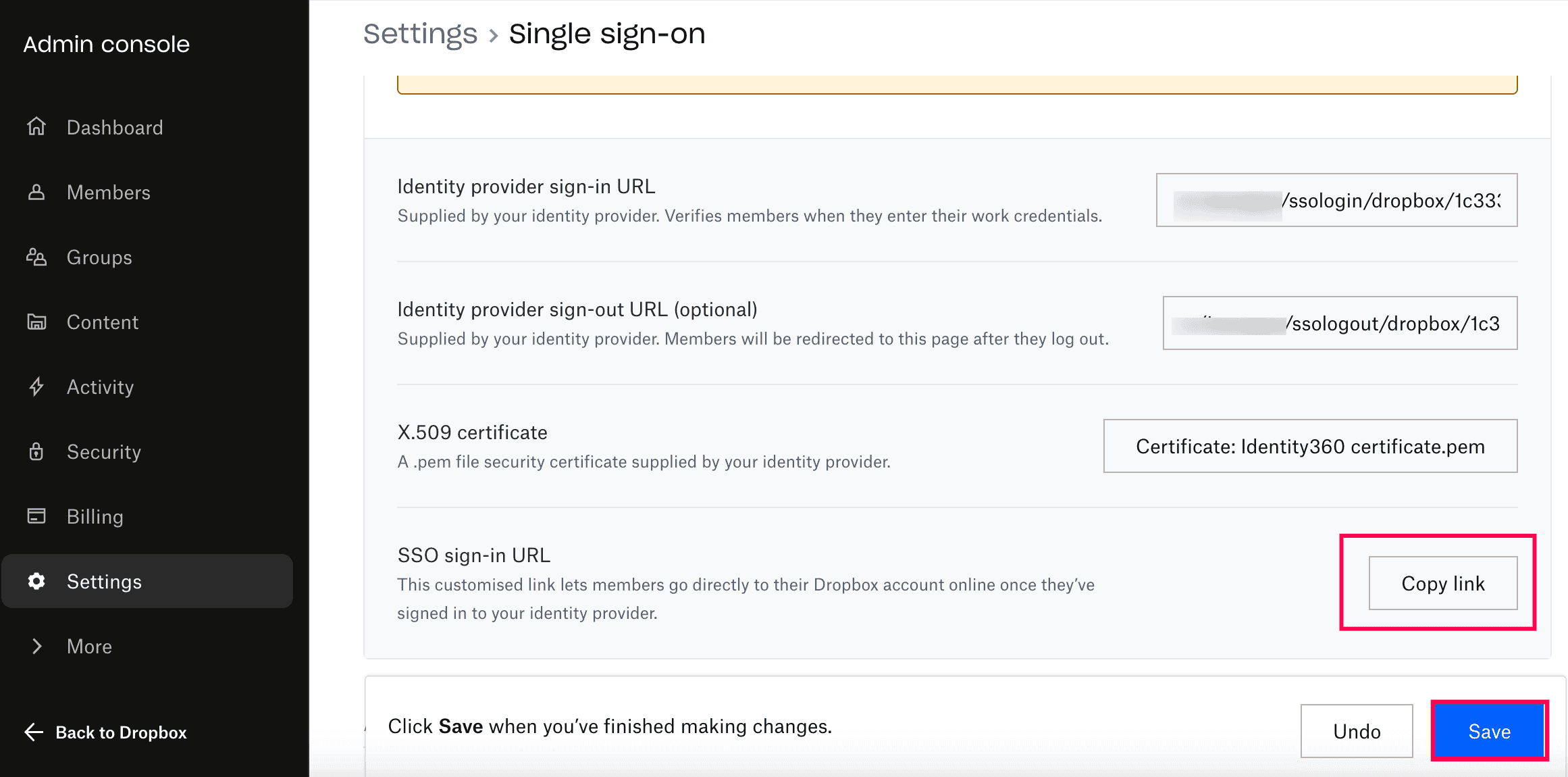 Centre d’administration Dropbox pour configurer SAML SSO via ADSelfService Plus