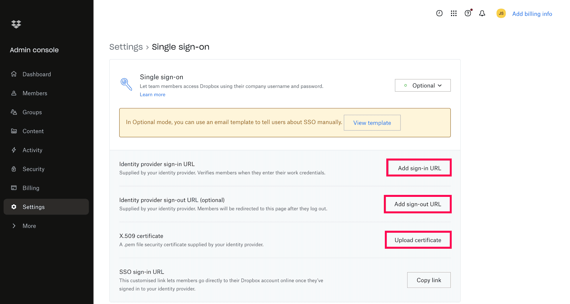 Console d’administration Dropbox pour configurer SAML SSO via ADSelfService Plus
