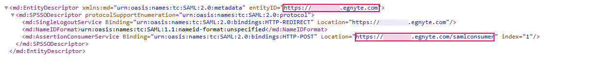 Vue d'ensemble des métadonnées d'Egnyte lors de la configuration du SSO SAML via ADSelfService Plus