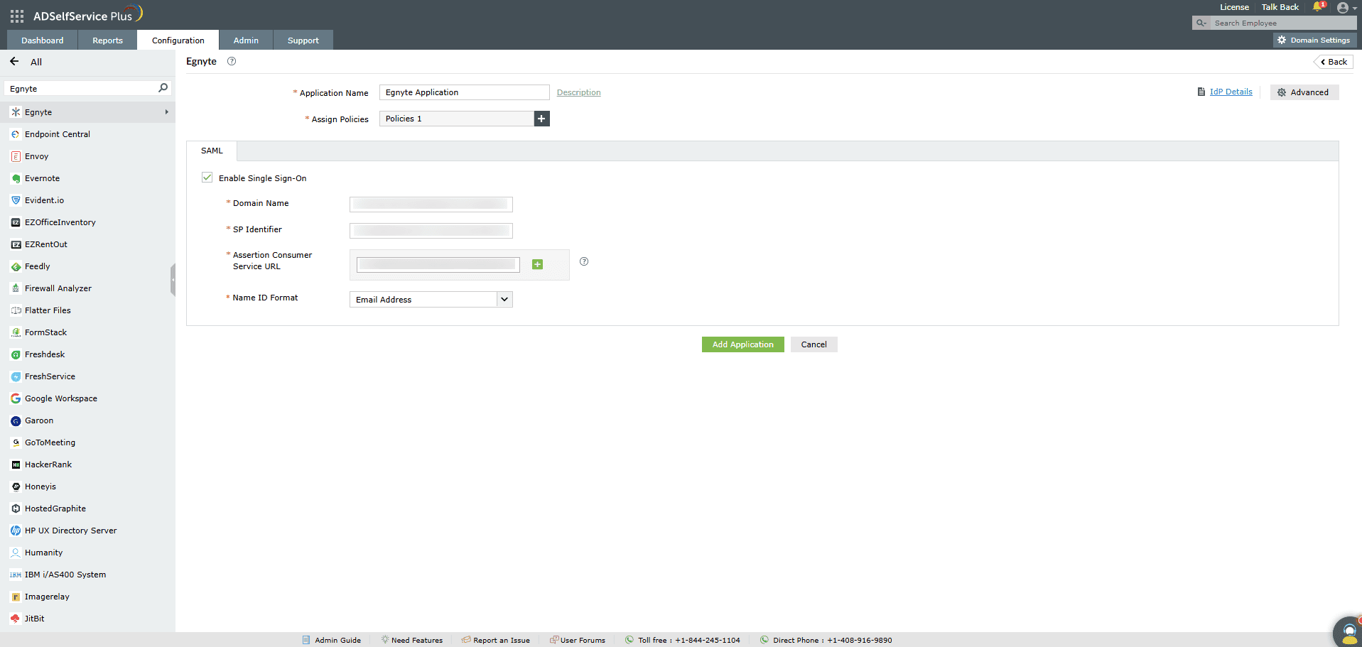 Vue d'ensemble des paramètres SSO d'ADSelfService Plus lors de la configuration du SSO SAML pour Egnyte