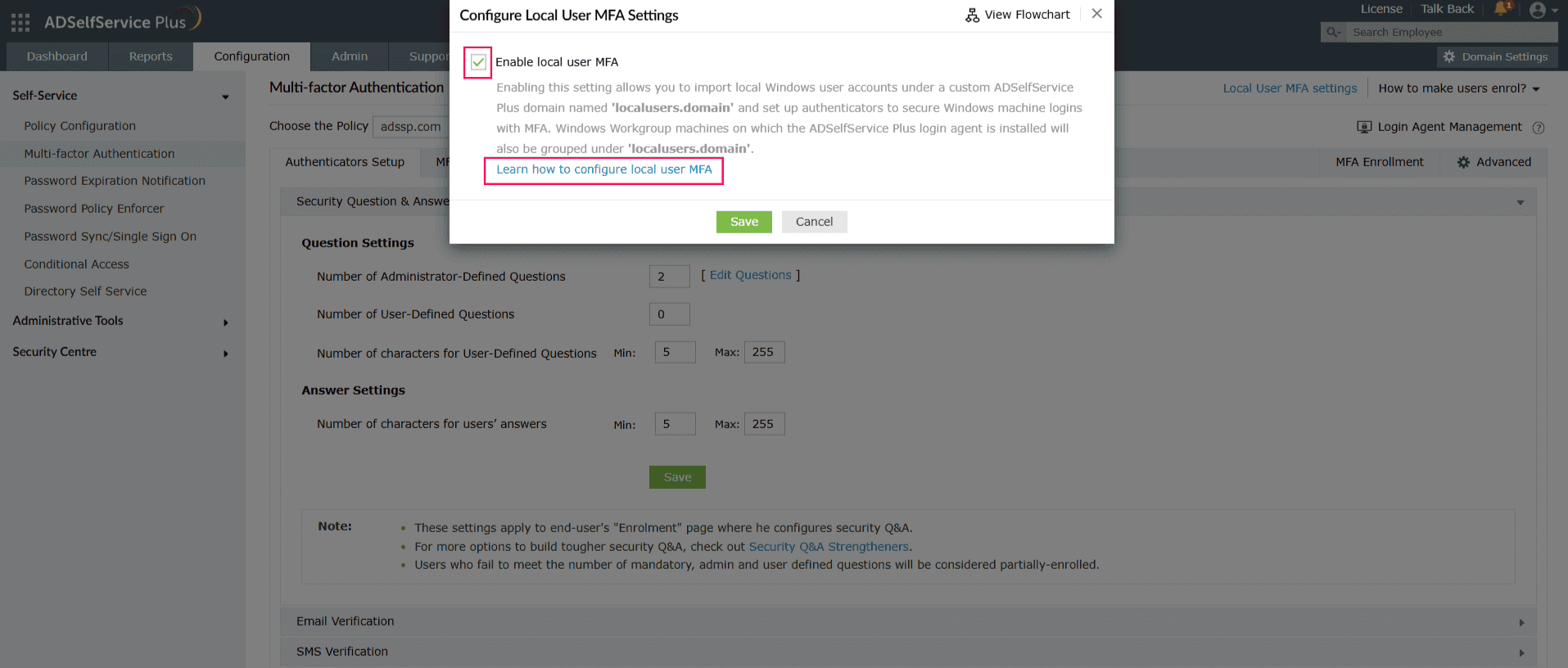 Activation du MFA utilisateur local dans ADSelfService Plus