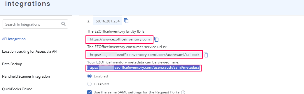 Aperçu du lien des métadonnées EZOfficeInventory lors de la configuration du SAML SSO via ADSelfService Plus