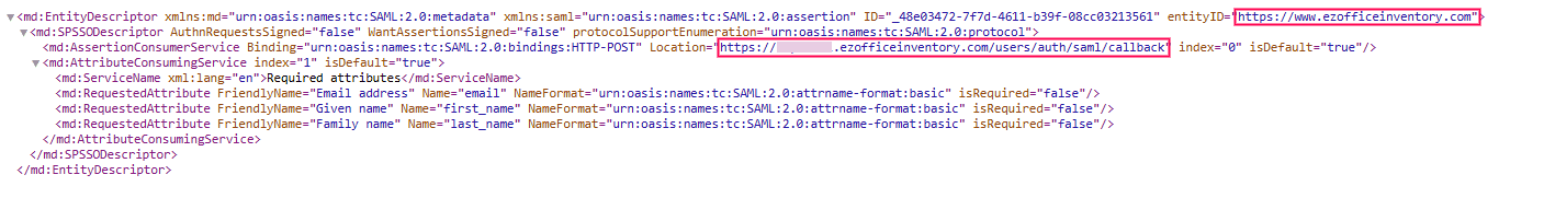 Aperçu des métadonnées d’EZOfficeInventory lors de la configuration du SAML SSO via ADSelfService Plus