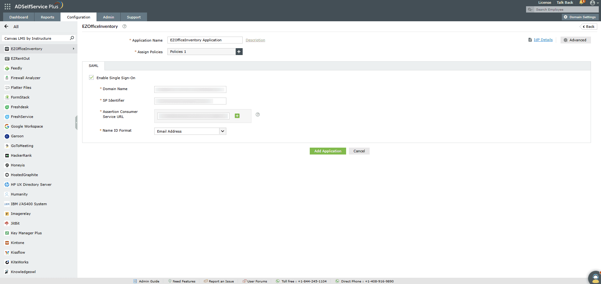 Aperçu des paramètres SSO d’ADSelfService Plus lors de la configuration du SAML SSO pour EZOfficeInventory