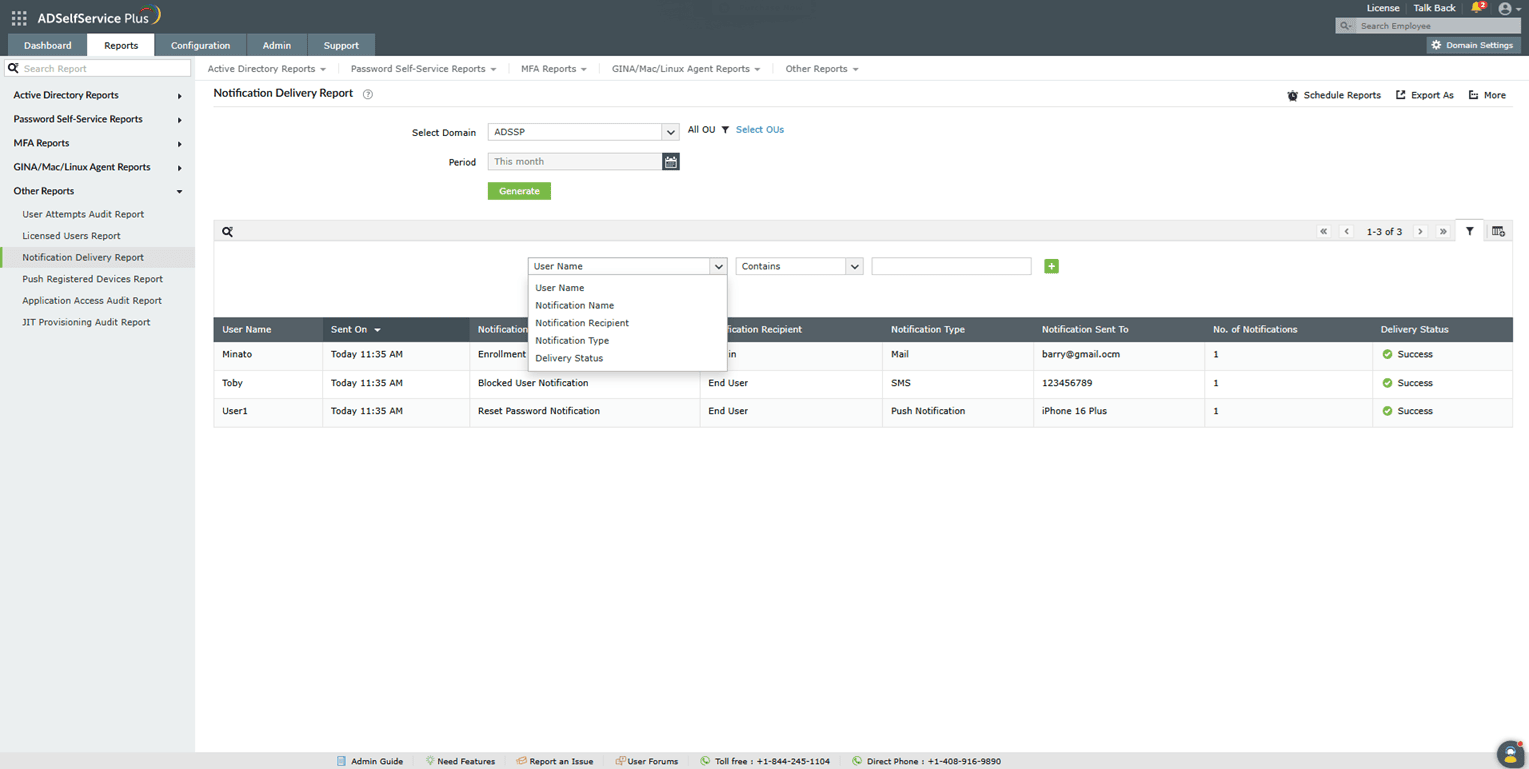 Filtrer le Rapport de Livraison des Notifications dans ADSelfService Plus
