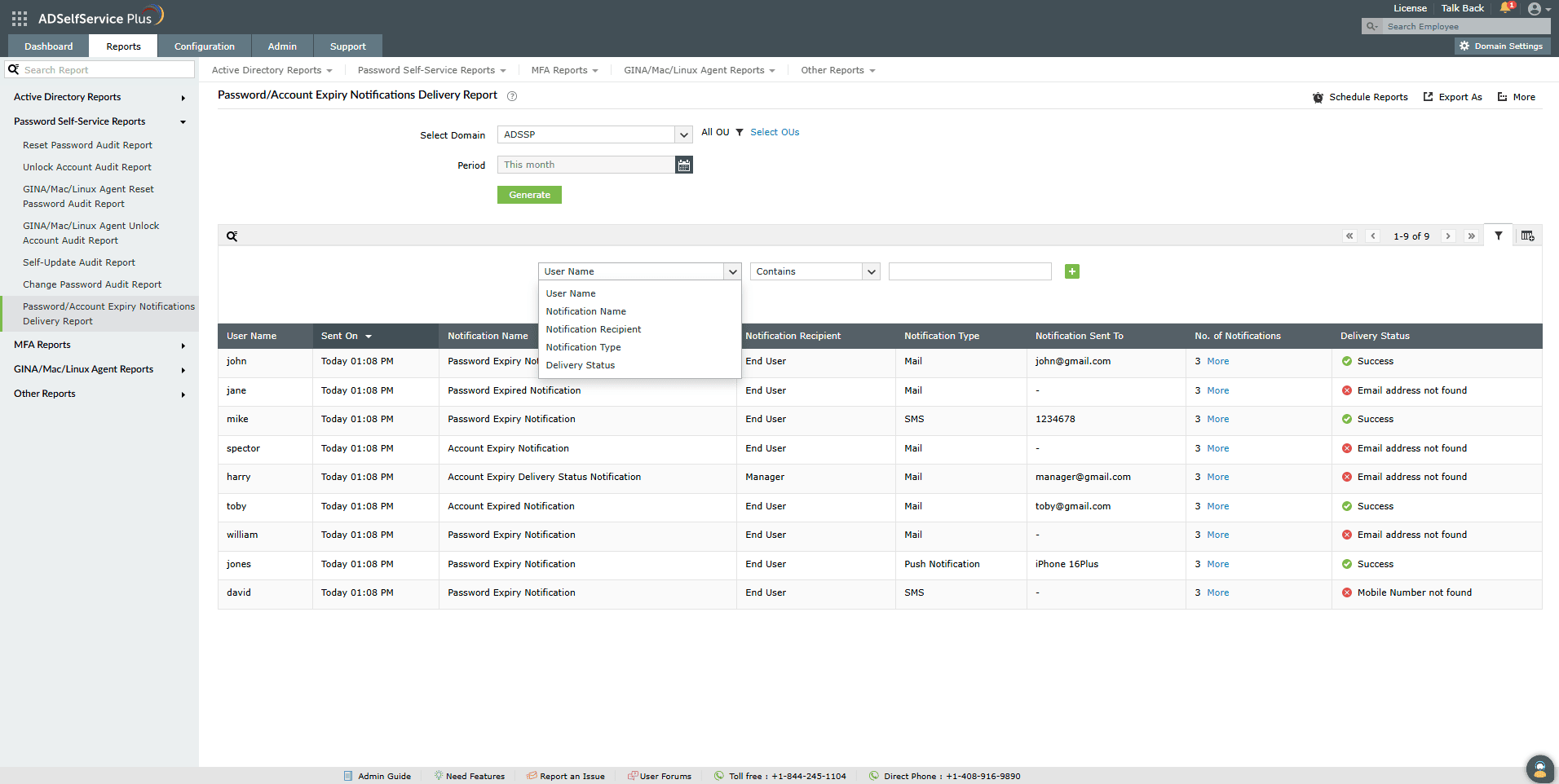 Filtrage du rapport de livraison des notifications d'expiration de mot de passe/compte dans ADSelfService Plus