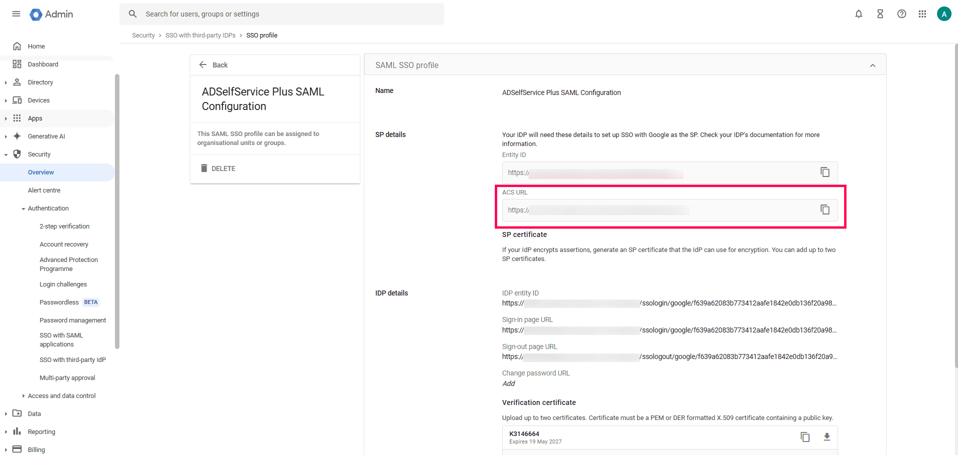 Aperçu des paramètres de l’URL ACS de Google lors de la configuration du SSO SAML via ADSelfService Plus