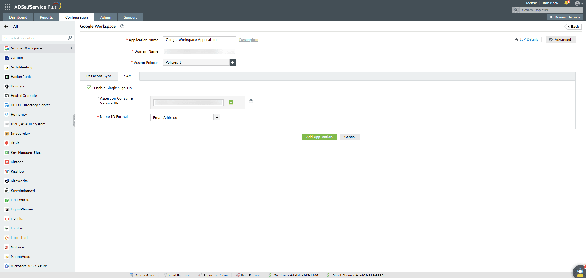 Aperçu des paramètres SSO d’ADSelfService Plus lors de la configuration du SSO SAML pour Google Workspace