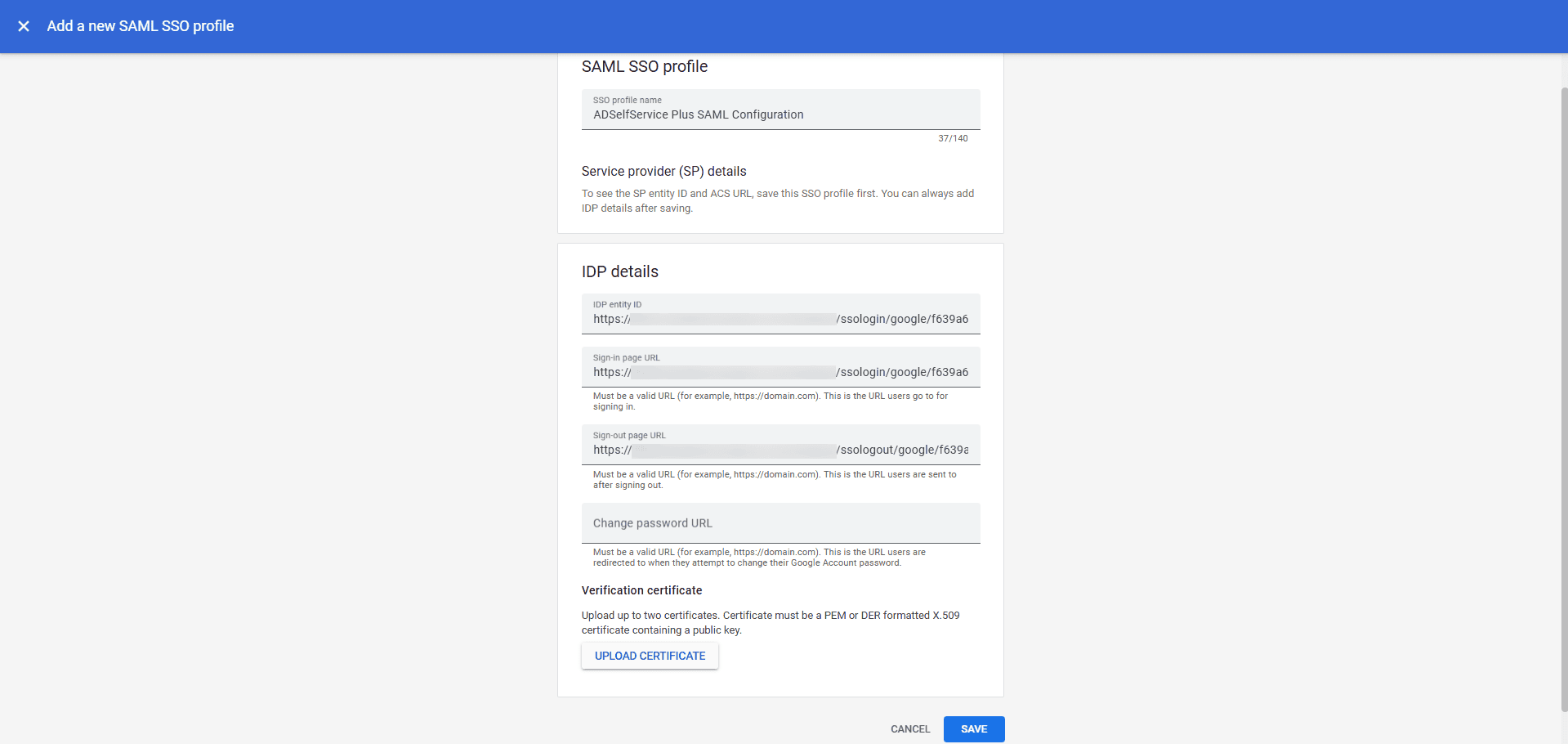 Aperçu des paramètres SSO de l’URL ACS de Google lors de la configuration du SSO SAML via ADSelfService Plus