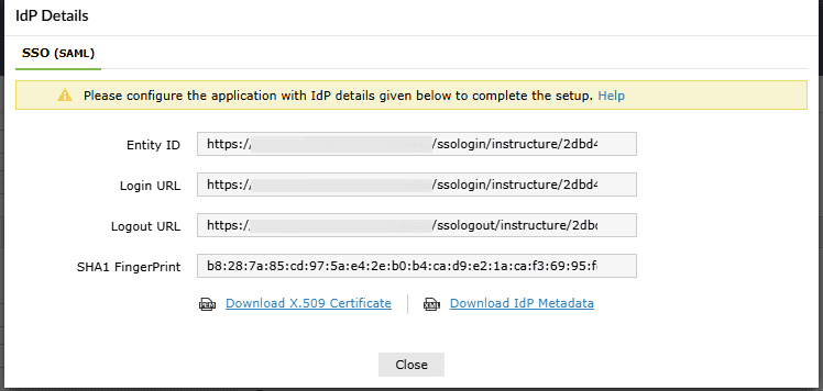 Détails IdP dans ADSelfService Plus pour le SSO Canvas