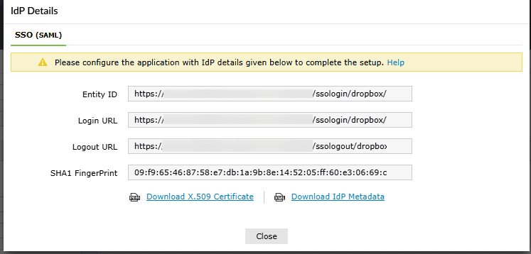 Détails IdP dans ADSelfService Plus pour Dropbox SSO