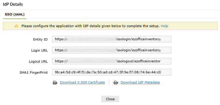 Détails IdP dans ADSelfService Plus pour EZOfficeInventory SSO