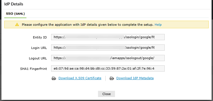 Détails IdP dans ADSelfService Plus pour le SSO Google Workspace