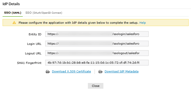 Détails IdP dans ADSelfService Plus pour Salesforce SSO