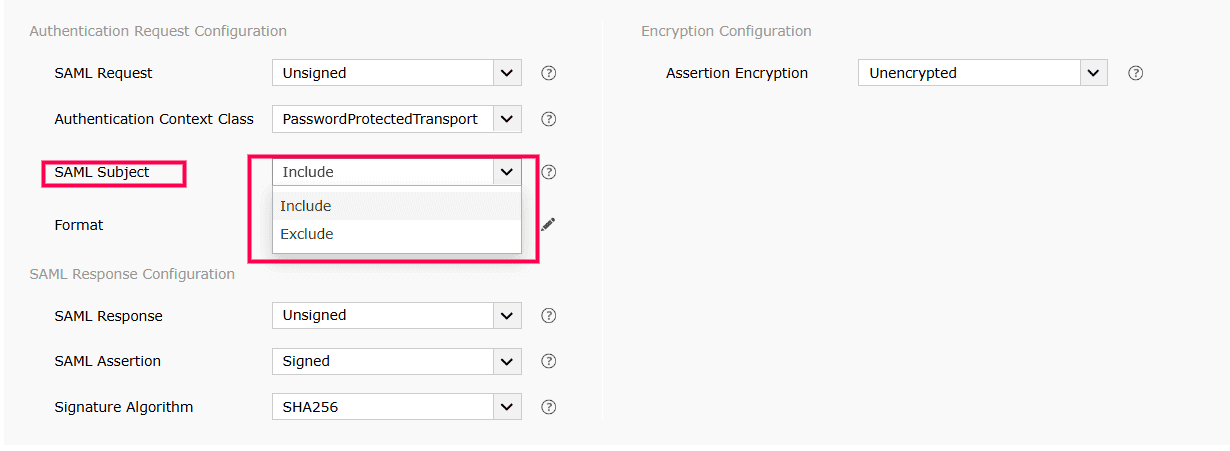Inclure ou exclure le Subject SAML durant l'authentification SAML