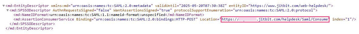 Aperçu des métadonnées de JitBit lors de la configuration du SSO SAML via ADSelfService Plus