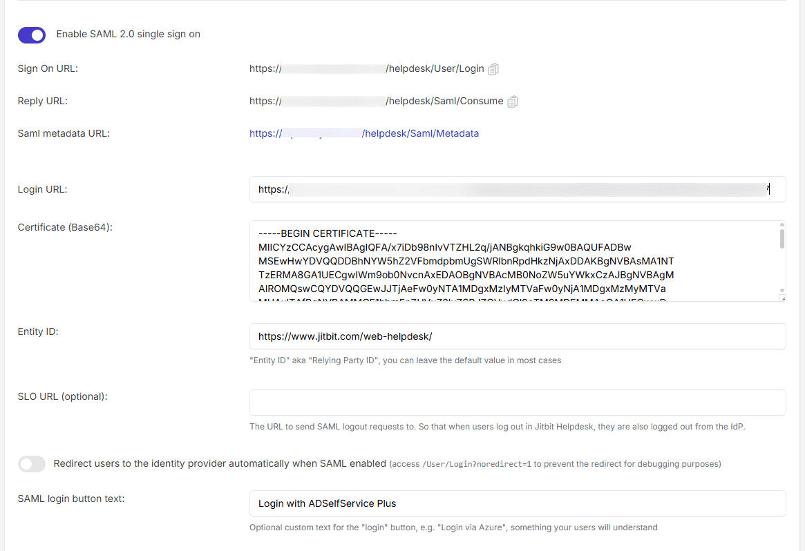 Paramètres SAML SSO de JitBit pour ADSelfService Plus