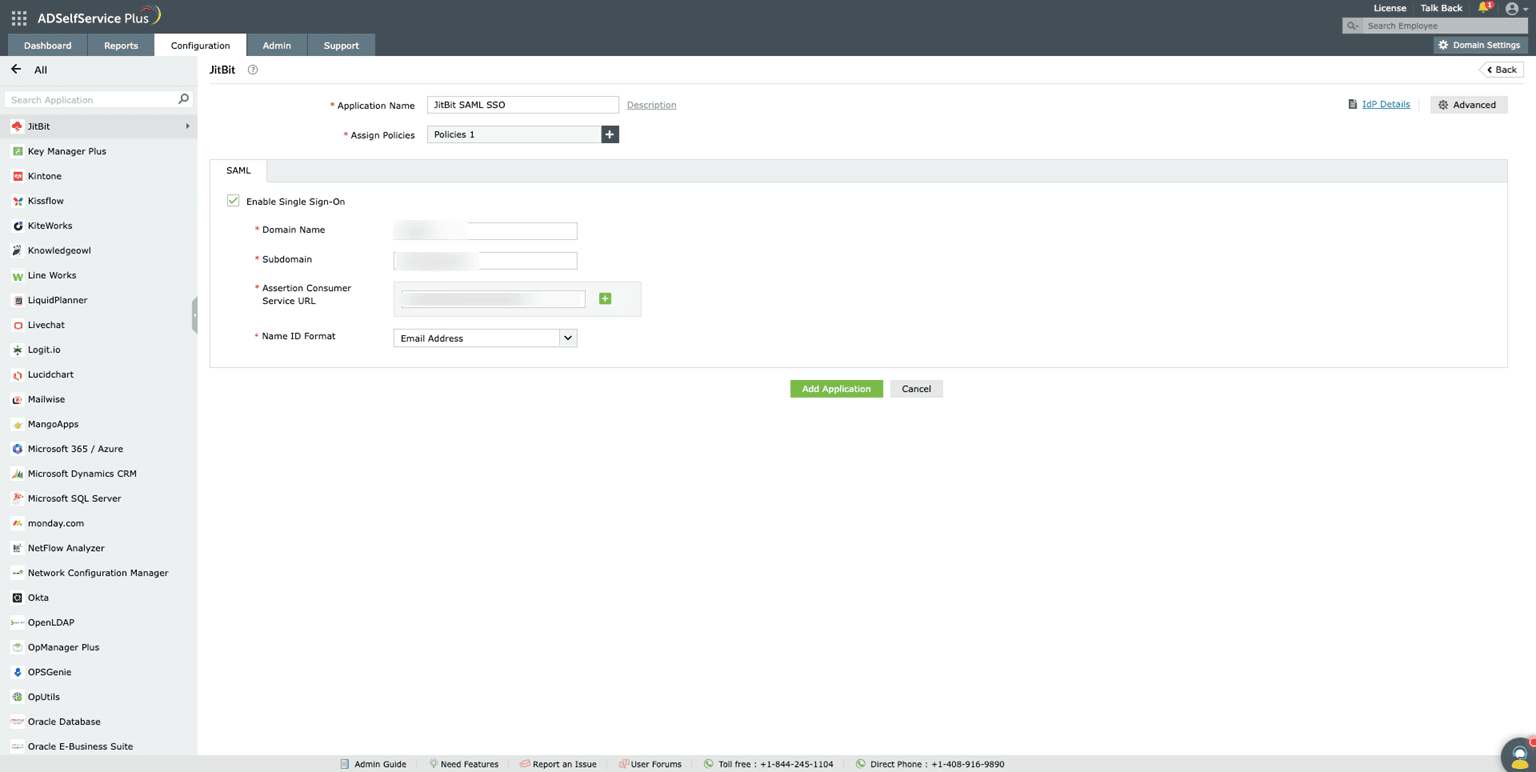 Aperçu des paramètres SSO d’ADSelfService Plus lors de la configuration du SSO SAML pour JitBit