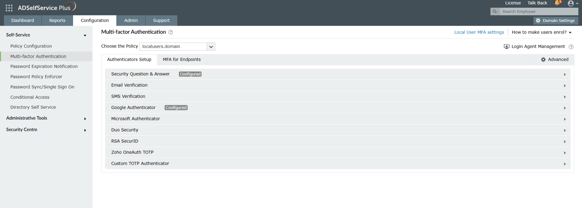 Configuration des authentificateurs pour le MFA utilisateur local