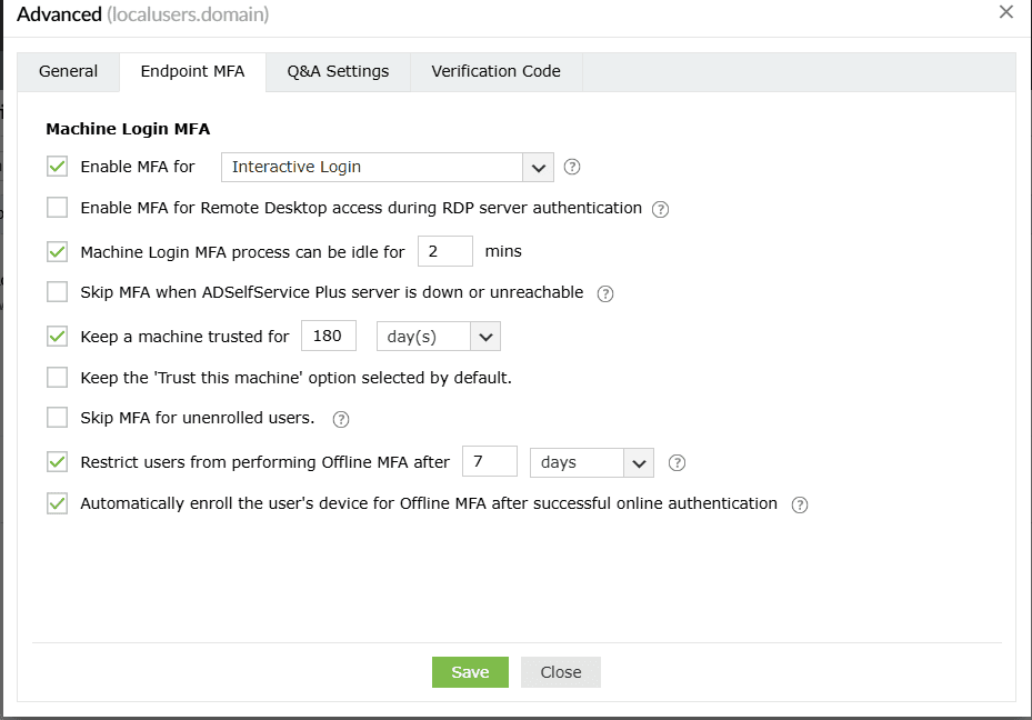 Aperçu des paramètres avancés de configuration MFA utilisateurs locaux pour Endpoint
