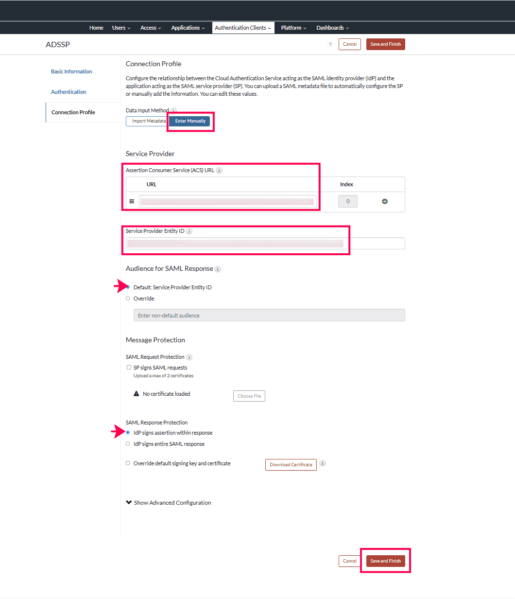 Configuration SP manuelle dans RSA Cloud pour ADSelfService Plus