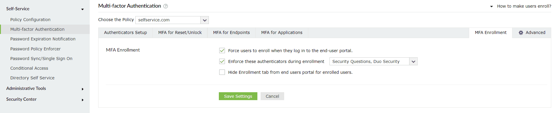 Enregistrement MFA dans ADSelfService Plus.