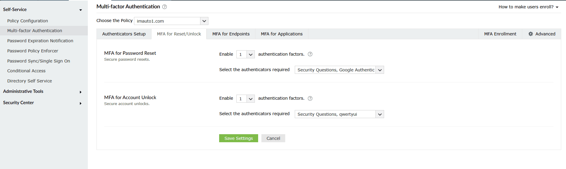MFA pour les réinitialisations de mot de passe et déverrouillages dans ADSelfService Plus