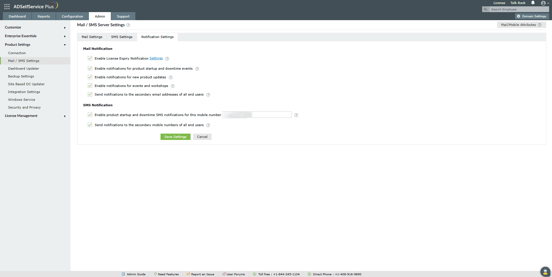 Paramètres de notification dans ADSelfService Plus