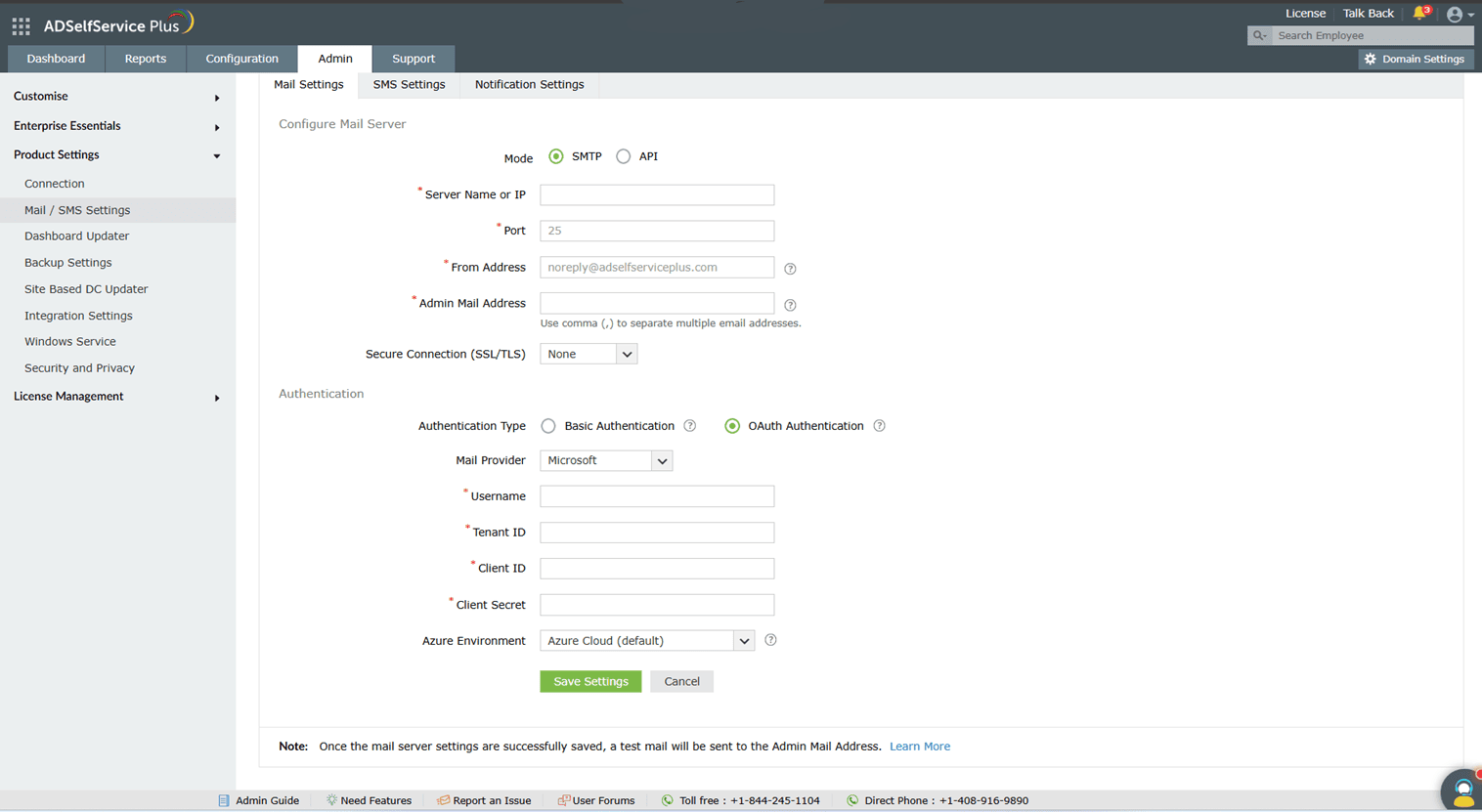 Paramètres du serveur de messagerie avec authentification OAuth dans ADSelfService Plus
