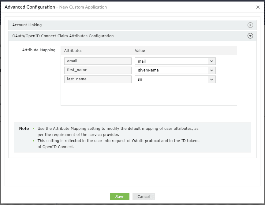 Mapping des attributs de revendication sous configuration OAuth/OpenID Connect.