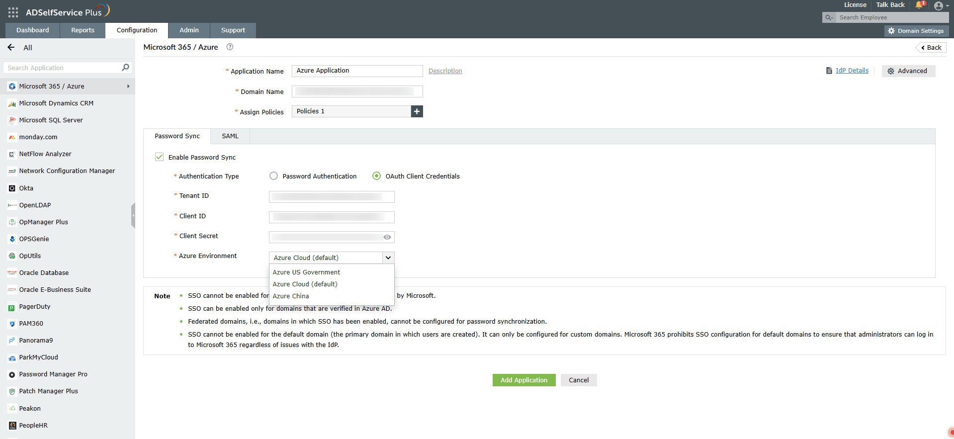 Configuration des informations d’identification client OAuth pour Microsoft 365/Azure dans ADSelfService Plus
